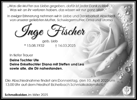 Traueranzeige von Inge Fischer von Südthüringer Presse