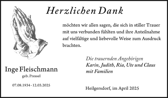 Traueranzeige von Inge Fleischmann von Neue Presse Coburg