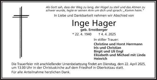 Traueranzeige von Inge Hager von Frankenpost
