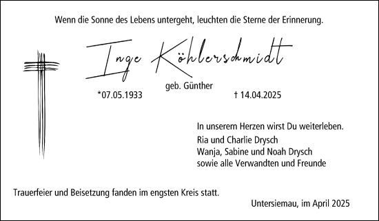 Traueranzeige von Inge Köhlerschmidt von Neue Presse Coburg