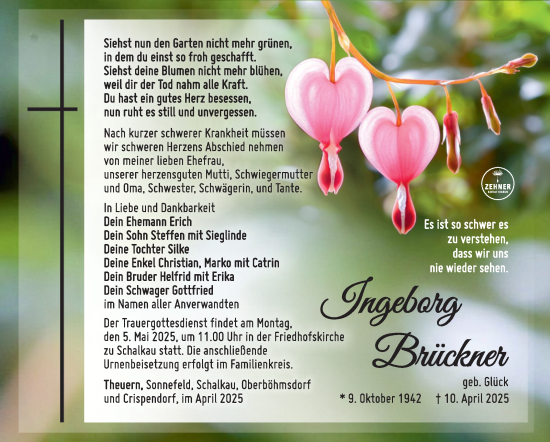 Traueranzeige von Ingeborg Brückner von Südthüringer Presse