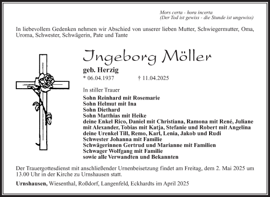 Traueranzeige von Ingeborg Möller von Südthüringer Presse