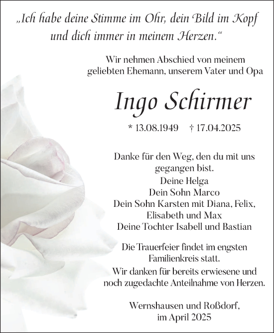 Traueranzeige von Ingo Schirmer von Südthüringer Presse
