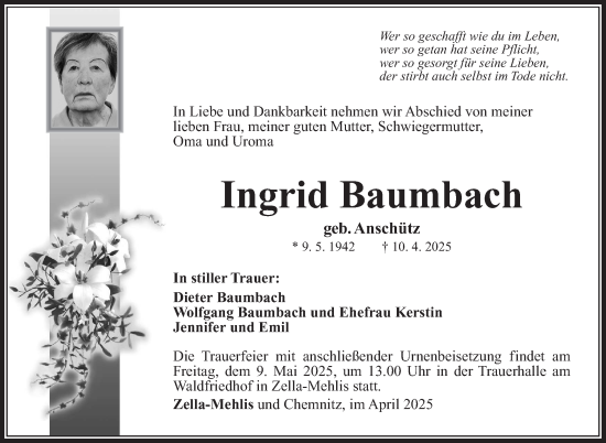 Traueranzeige von Ingrid Baumbach von Südthüringer Presse