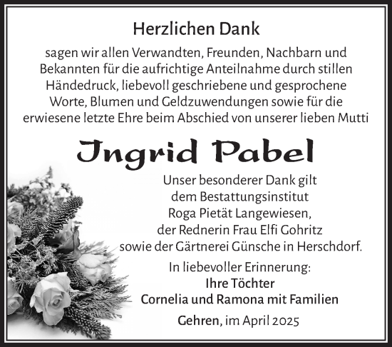 Traueranzeige von Ingrid Pabel von Südthüringer Presse