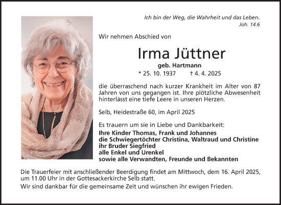 Traueranzeige von Irma Jüttner von Frankenpost