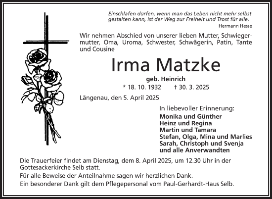 Traueranzeige von Irma Matzke von Frankenpost