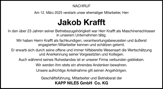 Traueranzeige von Jakob Krafft von Neue Presse Coburg