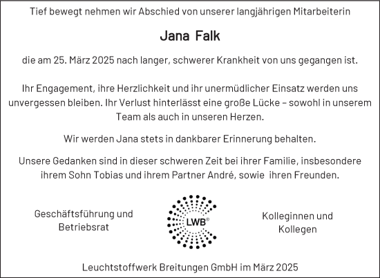 Traueranzeige von Jana Falk von Südthüringer Presse