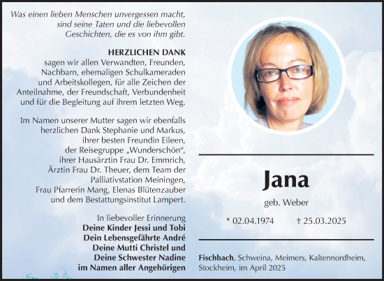 Traueranzeige von Jana Falk von Südthüringer Presse