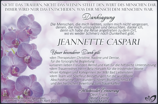 Traueranzeige von Jeannette Caspari von Südthüringer Presse