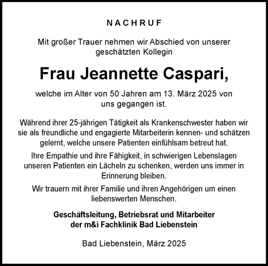 Traueranzeige von Jeannette Caspari von Südthüringer Presse
