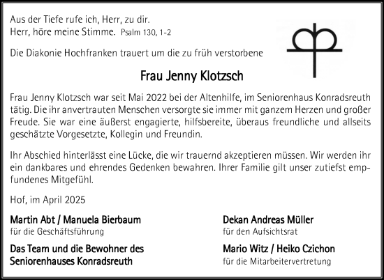 Traueranzeige von Jenny Klotzsch von Frankenpost