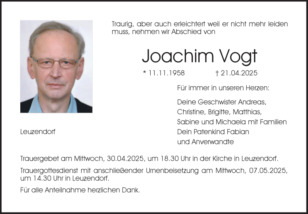  Traueranzeige für Joachim Vogt vom 26.04.2025 aus Neue Presse Coburg