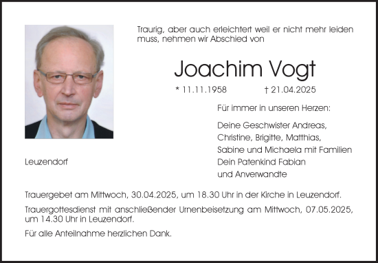 Traueranzeige von Joachim Vogt von Neue Presse Coburg