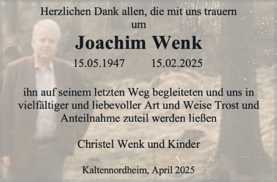 Traueranzeige von Joachim Wenk von Südthüringer Presse