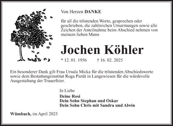 Traueranzeige von Jochen Köhler von Südthüringer Presse