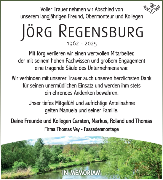 Traueranzeige von Jörg Regensburg von Südthüringer Presse