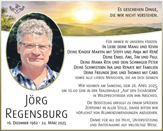 Traueranzeige von Jörg Regensburg von Südthüringer Presse
