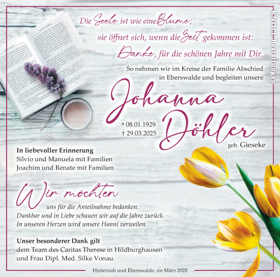 Traueranzeige von Johanna Döhler von Südthüringer Presse