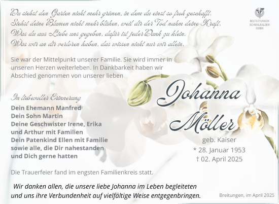 Traueranzeige von Johanna Möller von Südthüringer Presse