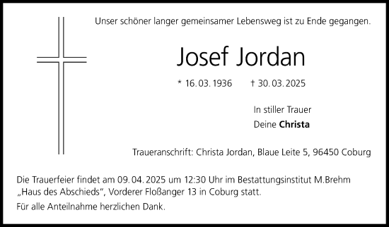 Traueranzeige von Josef Jordan von Neue Presse Coburg