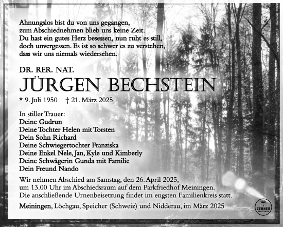 Traueranzeige von Jürgen Bechstein von Südthüringer Presse