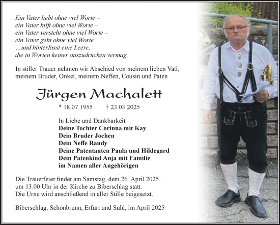 Traueranzeige von Jürgen Machalett von Südthüringer Presse