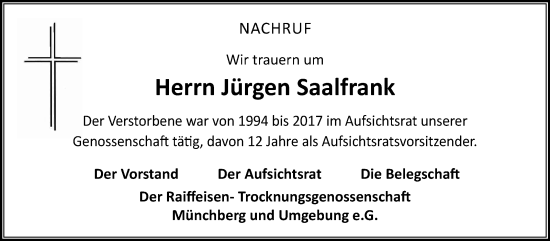 Traueranzeige von Jürgen Saalfrank von Frankenpost