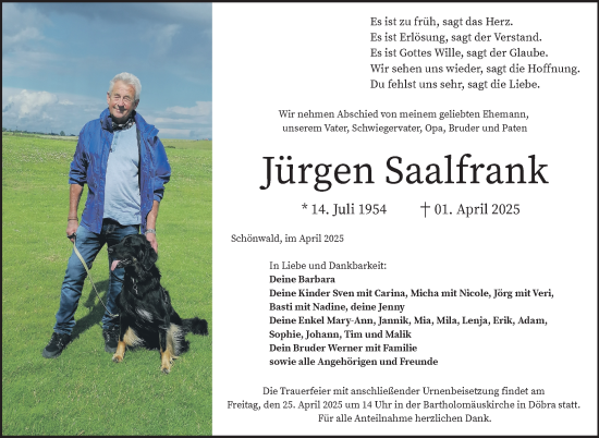 Traueranzeige von Jürgen Saalfrank von Frankenpost