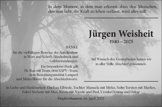Traueranzeige von Jürgen Weisheit von Südthüringer Presse