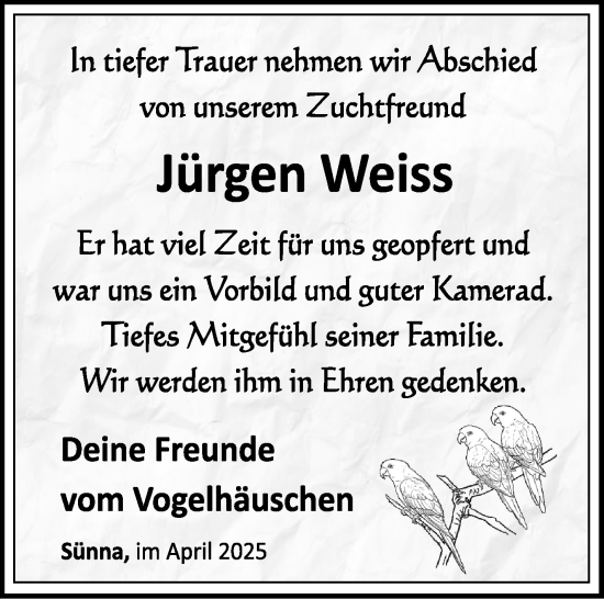 Traueranzeige von Jürgen Weiss von Südthüringer Presse