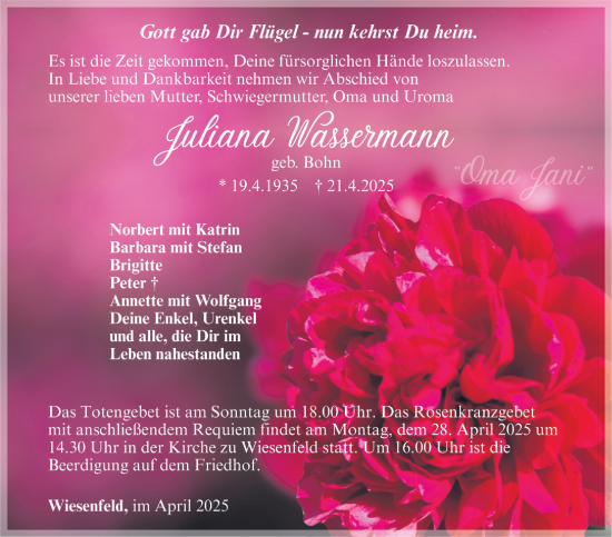 Traueranzeige von Juliana Wassermann von Südthüringer Presse
