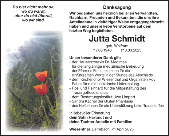 Traueranzeige von Jutta Schmidt von Südthüringer Presse