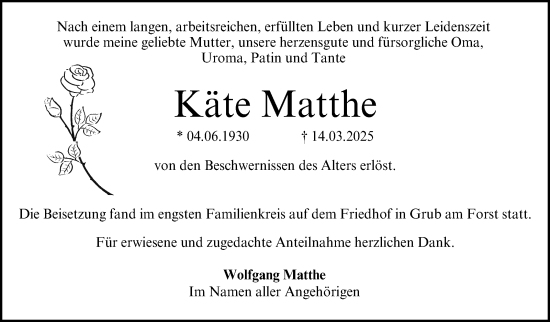 Traueranzeige von Käte Matthe von Neue Presse Coburg