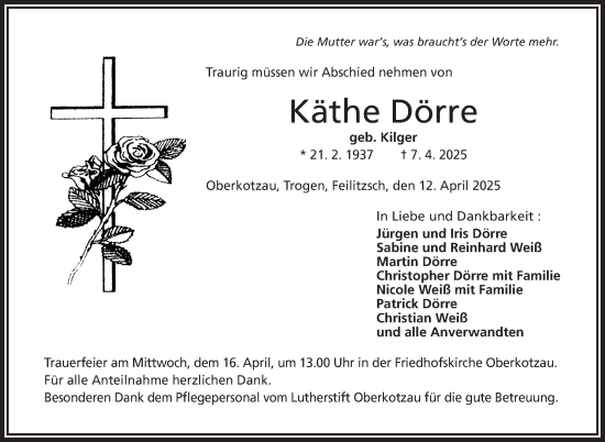 Traueranzeige von Käthe Dörre von Frankenpost