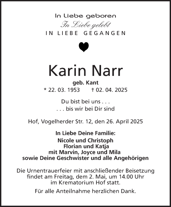 Traueranzeige von Karin Narr von Frankenpost
