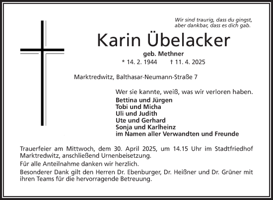 Traueranzeige von Karin Übelacker von Frankenpost