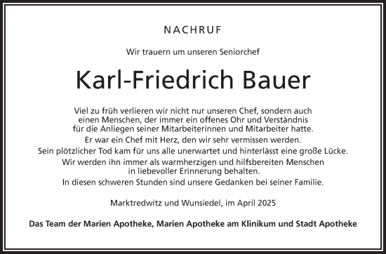 Traueranzeige von Karl-Friedrich Bauer von Frankenpost