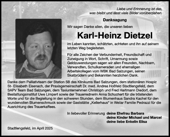Traueranzeige von Karl-Heinz Dietzel von Südthüringer Presse