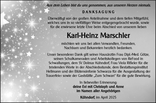 Traueranzeige von Karl-Heinz Marschler von Südthüringer Presse