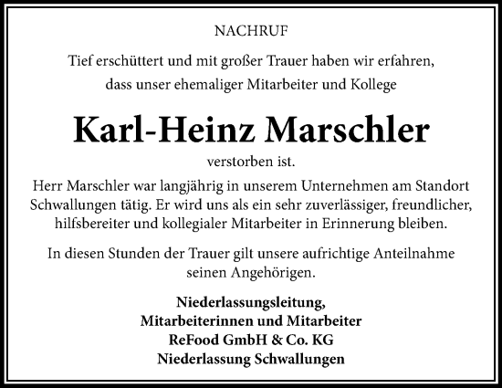 Traueranzeige von Karl-Heinz Marschler von Südthüringer Presse
