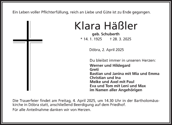 Traueranzeige von Klara Häßler von Frankenpost