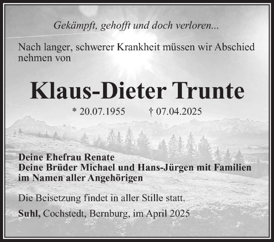 Traueranzeige von Klaus-Dieter Trunte von Südthüringer Presse