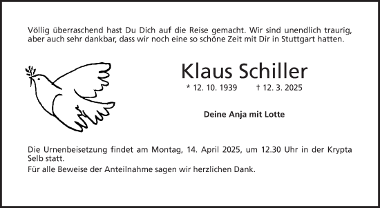 Traueranzeige von Klaus Schiller von Frankenpost