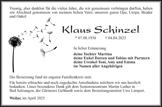 Traueranzeige von Klaus Schinzel von Südthüringer Presse