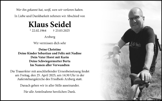 Traueranzeige von Klaus Seidel von Frankenpost