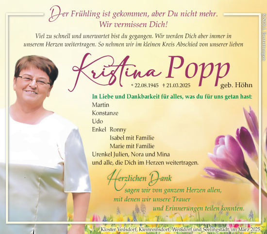 Traueranzeige von Kristina Popp von Südthüringer Presse