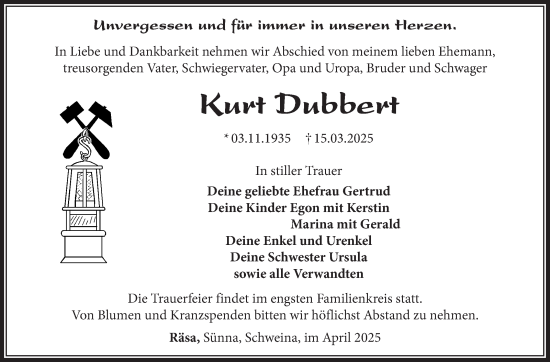Traueranzeige von Kurt Dubbert von Südthüringer Presse