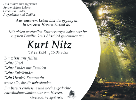 Traueranzeige von Kurt Nitz von Südthüringer Presse